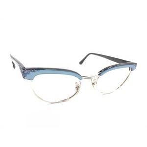 Shuron Vintage Blue Silver Black Cat Eye Eyeglasses Frames 46-18 135 USA Women